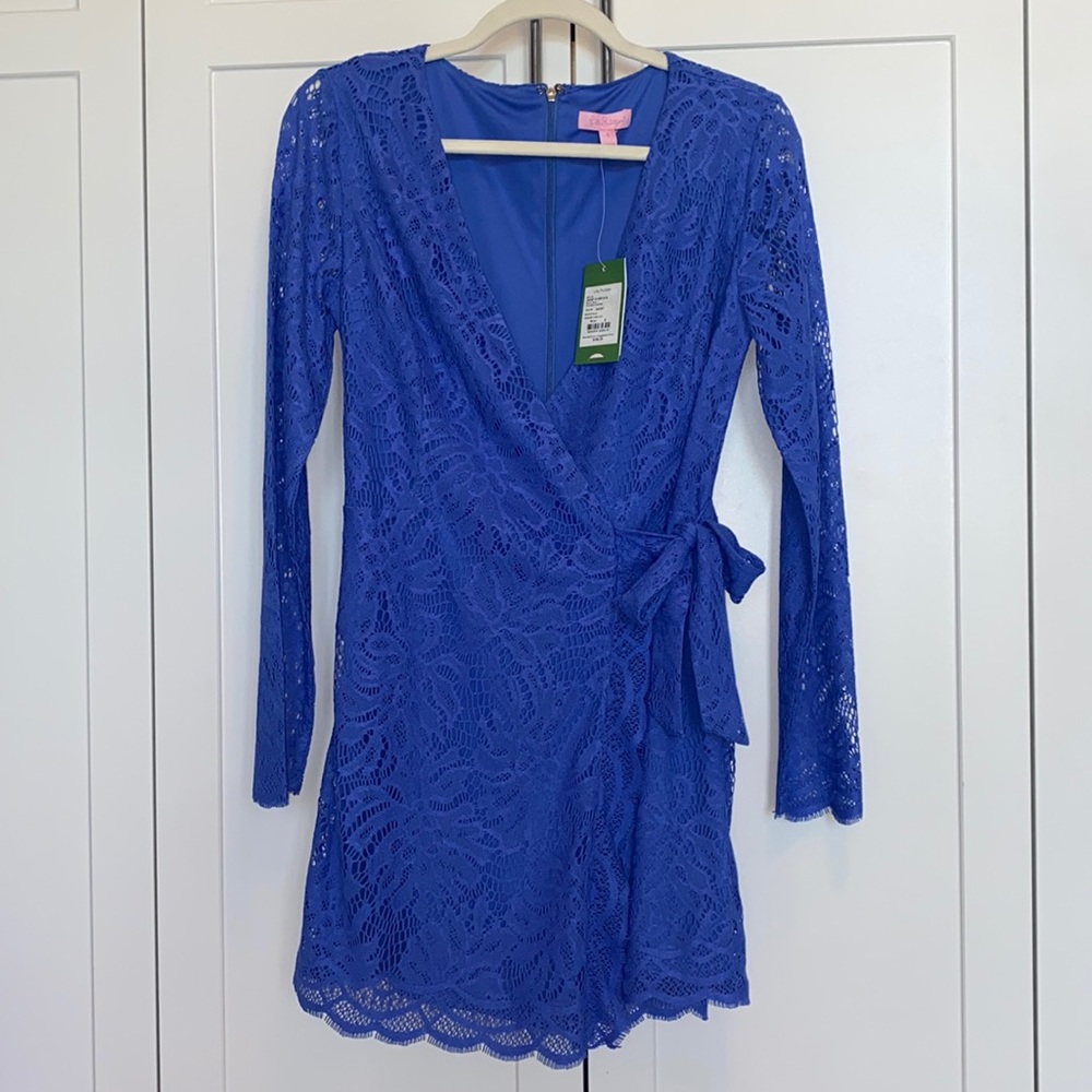 NWT NEW Lilly Pulitzer Beckon Blue Paradise Found Lace Wrap Romper Size Small